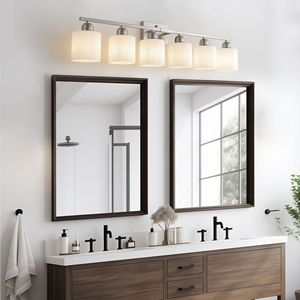 Lampada da Parete per Bagno a 6 Luci in Nichel da 38 Pollici con Paralume in Vetro Bianco Opaco, Illuminazione Elegante per Vanità - Product Image 1