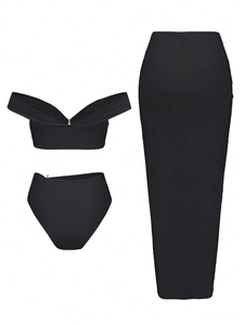 New Style European American Women Two Piece <b>Bikini</b> Swimsuit Long <b>Skirt</b> <b>Set</b> Spandex Nylon Solid Beachwear Luxury Swimwear - Product Image 2