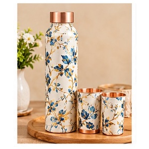 Botella de Agua de Cobre Hecha a Mano con Diseño de Hojas Tropicales, Juego de Bebederos Portátiles para Viaje - Product Image 6