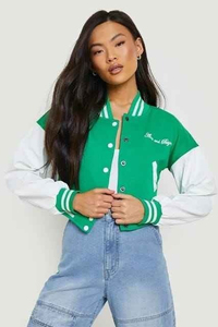 Custom ODM <b>Women</b> Cropped Letterman Jacket Wool Leather Contrast <b>Coat</b> - Product Image 3