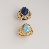 Bague Statement Ovale Vintage Faite à la Main en Turquoise Naturelle Sertie Clos, Plaqué Or 18K sur Laiton, Style Chrétien, avec Expertise Tierce