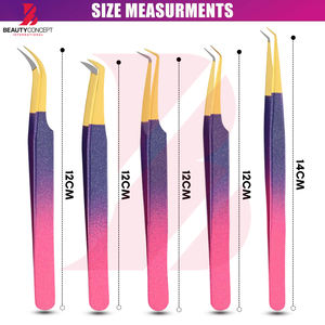 Juego de 5 Pinzas para Pestañas con Punta Dorada, Color Rosa y Morado Brillante, Pinzas de Acero Inoxidable para Extensión de Pestañas con Puntas de Fibra - Product Image 2
