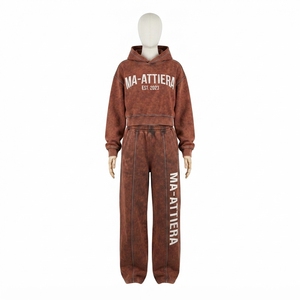 Conjunto de Sudadera Corta y Pantalones Jogger para Mujer, Lavado Ácido, Color Marrón, Algodón y Felpa, Ropa Deportiva Urbana, Venta al Por Mayor OEM - Product Image 4