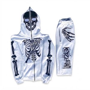Unisex <b>Skeleton</b> Print Tracksuit Hooded <b>Full</b> Zipper Streetwear Set White Polyester Autumn Wear High Quality Fashion Wear Sets Men - Product Image 1