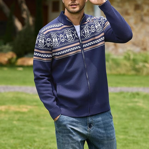 Cárdigan de punto con cremallera para hombre, suéter de invierno de manga larga con estampado geométrico, azul marino - Product Image 4