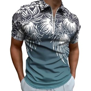 Polo de manga corta para hombre con estampado sublimado azul y blanco, con cremallera, transpirable, informal, de poliéster tejido. - Product Image 3