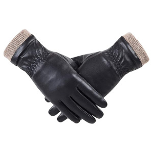 Guantes de Vestir de Cuero Genuino de Lujo para Mujer, Guantes Negros de Moda para Dama, Cálidos y Suaves para Invierno, de Piel de Oveja, con Puño Tejido - Product Image 2