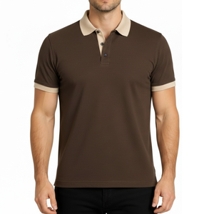 Polo homme premium marron foncé, col contrastant beige, coupe slim, manches courtes, décontracté, pour le golf - Product Image 1