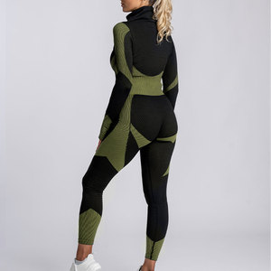 Ensemble de yoga pour femme, col roulé, color block, en spandex et polyester, sans couture, extensible dans les quatre sens, taille haute, tenue d'entraînement - Product Image 4
