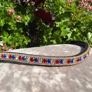 Diadema de cuero para caballo con cristales rojos, azules y blancos personalizados, con tres filas de cadena metálica en forma de onda, estilo Mega Bling, para carreras. - Product Image 5