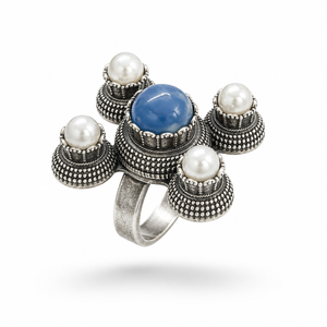 ELVORA GEMS Vintage 925 <b>Silver</b> Cocktail <b>Ring</b> Lapis Lazuli Pearls Geometric <b>Cross</b> Design Bezel Setting Women's Everyday Wear - Product Image 3