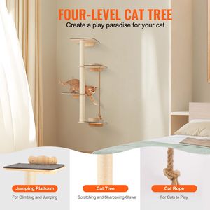 Albero per Gatti a 4 Livelli con 4 Piattaforme, Mensola Galleggiante da Parete per Gatti (Capacità 18 kg), in Legno di Pino da 12 mm, Stile Classico, Arredamento per Animali Domestici - Product Image 2