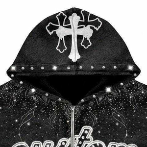 Sudadera con capucha negra personalizada para hombre, con cremallera, de peso pesado, diseño de llamas con pedrería brillante, estilo hip hop, corte holgado, invierno, digital - Product Image 6