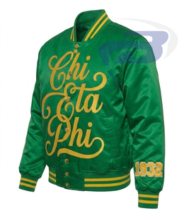 Chaqueta Bomber de Satén de Invierno de la Hermandad Chi Eta Phi con Letras Griegas Amarillas en Relieve, Chaqueta Bomber de Satén CEPhi Resistente al Viento - Product Image 3