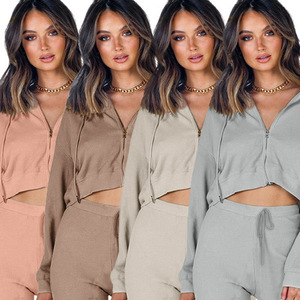 Ensemble tricoté gris 2 pièces pour femme : haut zippé à manches longues et leggings taille haute, couleur unie, décontracté, toutes saisons - Product Image 4