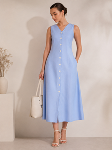 Robe midi sans manches à col en V pour femmes |   Robes d'été décontractées en lin et coton bleu clair, à boutons sur le devant et ourlet évasé - Product Image 3