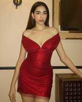 Robe de soirée mini dos nu en maille rouge rubis ornée de strass et de perles, coupe épaules tombantes, qualité supérieure, sexy, pour femme
