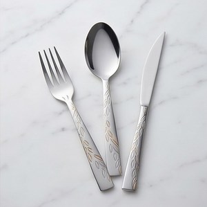 Ensemble de couverts élégants en argent avec manche à motif blé, fourchette, cuillère, couteau, passe au lave-vaisselle, couverts de mariage - Product Image 1