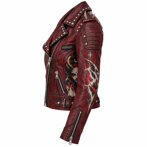Chaqueta de cuero genuino color granate para mujer con gráfico de alas de demonio, cuello con tachuelas y cremallera, estilo motero. Oferta de fabricante a medida. - Product Image 4