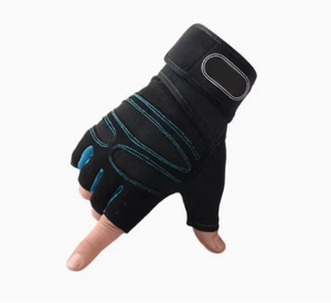 Guantes Deportivos Unisex Hardihood International para Gimnasio y Fitness, Medios Dedos, Negros con Costuras Azules, Material de Nailon, Transpirables y Ligeros - Product Image 1