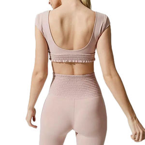 Sujetador deportivo rosa con cuello en U y alto soporte para mujer, con volantes y logo frontal, ropa deportiva de yoga, top sin costuras, transpirable y de secado rápido - Product Image 2