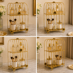 ชั้นวางของรูปกรงนกโลหะสีทอง SAFA INTERNATIONAL รุ่นโมเดิร์นรักษ์โลก ตกแต่งด้วยดอกกุหลาบ กันน้ำ ทนทาน ใช้สำหรับเก็บเครื่องสำอางและของตกแต่ง - Product Image 4