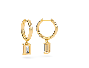 Boucles d'oreilles créoles en or jaune pour femme avec pendentif taille émeraude et pierres latérales pavées, bijoux de mariage classiques - Product Image 2