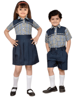 Ensemble uniforme scolaire unisexe pour l'école primaire, robe bleu Oxford à carreaux, écharpe rouge, chemise à manches courtes, confortable, durable, respirant