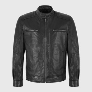 เสื้อแจ็คเก็ตหนังสไตล์คาเฟ่เรเซอร์สีดำสำหรับผู้ชาย - Product Image 1