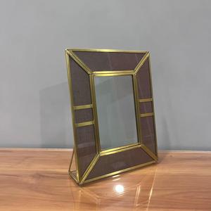 <b>Rectangular</b> Metal <b>Mirror</b> Frame With <b>Gold</b> Trim And Brown Glass Panels Vertical Design - Product Image 4