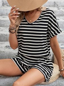 <b>Women's</b> Striped Knitted <b>2</b> <b>Piece</b> Shorts Set V Neck Short Sleeve Loose Fit Casual Spring Summer <b>Outfit</b> With Pockets - Product Image 3