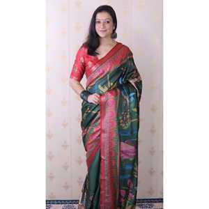 Bottle Green Soft Tussar Silk Pichwai Saree Traditional Printed Zari Woven <b>Indian</b> & <b>Pakistani</b> <b>Clothing</b> Elite Weaves 450g - Product Image 2