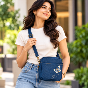 Women's Denim Crossbody <b>Bag</b> with Butterfly Embroidery Zipper Closure Classic Style All Seasons Daily Use Polyester Lining Travel - Product Image 4