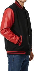 Men's Black <b>Red</b> Varsity <b>Jacket</b> PU Leather Sleeves Button Closure Turn-down Collar Casual Style Autumn Wear Regular Fit - Product Image 5