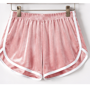 Shorts en velours rose de haute qualité à taille élastique, logo personnalisé, taille mi-haute, séchage rapide, fermeture à cordon, shorts pour femmes - Product Image 1