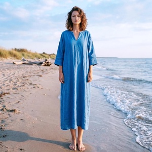Robe ample à col en V, manches 3/4, poches latérales, robe maxi décontractée printemps-été, grande taille, mode - Product Image 1