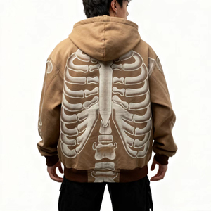 Veste à capuche zippée pour homme, motif squelette, style streetwear vintage délavé, imprimé os, vêtement d'extérieur décontracté et tendance - Product Image 4