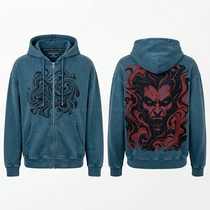 เสื้อฮู้ดซิปเต็มตัวสีเทาแบบ Mineral Wash ลายกราฟิก Vampire Lute สไตล์ยุคกลาง สำหรับผู้ชาย เสื้อฮู้ดสตรีทแวร์ ผลิตตามสั่ง - Product Image 3