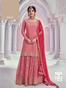 Traje Gharara Moderno Semisellado con Bordado de Lentejuelas Chinon para Bodas y Fiestas de Diwali - Product Image 5