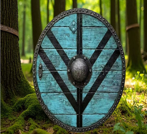 Escudo Vikingo de Madera Estilo Art Deco Medieval, Listo para Batalla LARP, Hecho a Mano, Regalo de Navidad, Artesanía en Madera para Colgar - Product Image 1