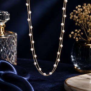 Collier ras du cou tendance en or rose 18 carats avec perles blanches en forme de goutte d'eau, double rangée, pour femme, chaîne minimaliste, bijoux - Product Image 1