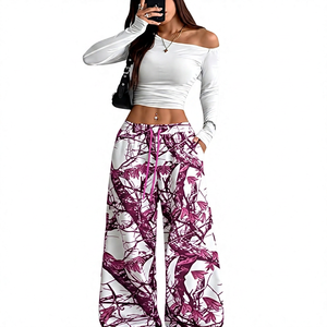 <b>Yellow</b> Off Shoulder <b>Crop</b> <b>Top</b> With Floral Print Wide Leg Pants High Waist Drawstring Loose Fit Casual Summer Women's Outfit - Product Image 2