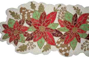 Hand Beaded <b>Table</b> Runner: <b>White</b> Glass Beads, Holiday Centerpiece Elegant Poinsettia - Product Image 3