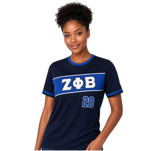 Camiseta Deportiva Premium Zeta Phi Beta Negra para Mujer, Azul Marino con Franja en el Pecho, Letras Griegas, Número 20, Cuello Redondo - Product Image 3