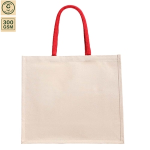 กระเป๋าผ้าแคนวาสโพลีคอตตอนรีไซเคิลเคลือบ 300GSM สีธรรมชาติ ขนาด 40x35x16 ซม. หูหิ้วสีแดง รับทำโลโก้ตามสั่ง ขายส่ง สำหรับโปรโมชั่น รับผลิตแบบ OEM ODM ธุรกิจ B2B - Product Image 1