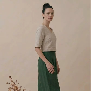 Robe longue pour femme, col en V, manches mi-longues, coupe droite, couleur unie, style vintage, respirante, pour soirée d'été, design personnalisé - Product Image 1