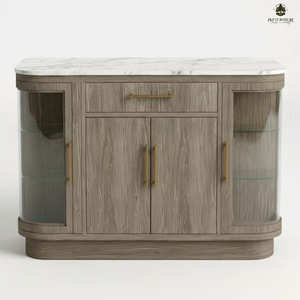 Îlot de cuisine moderne avec table à manger ronde en verre et chaises, mobilier d'intérieur en bois, vente en gros, fabrication OEM ODM - Product Image 1