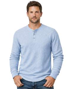 Mens Waffle Henley Long Sleeve <b>Thermal</b> T Shirt Light Blue Casual Button Neck Winter Wear <b>Top</b> Cotton Slim Fit Breathable Fabric - Product Image 1