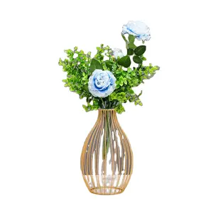 Decoraciones de florero dorado para sala de estar, jarrón de cristal con soporte de Metal, jarrón antiguo, decoración del hogar, regalo de boda, decorativo tallado - Product Image 1