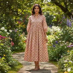 Robe midi en coton à imprimé floral pour femmes, avec manches bouffantes, coupe ample, col en V, robe d'été décontractée avec poches - Product Image 2